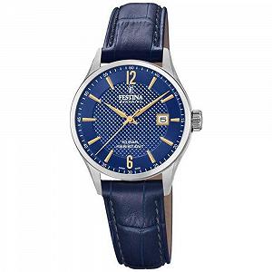 Женские часы Festina Swiss made F20009/3 серебристый корпус из нержавеющей стали, синий кожаный ремешок, сине-серебряно-золотой, браслет - Фото 1