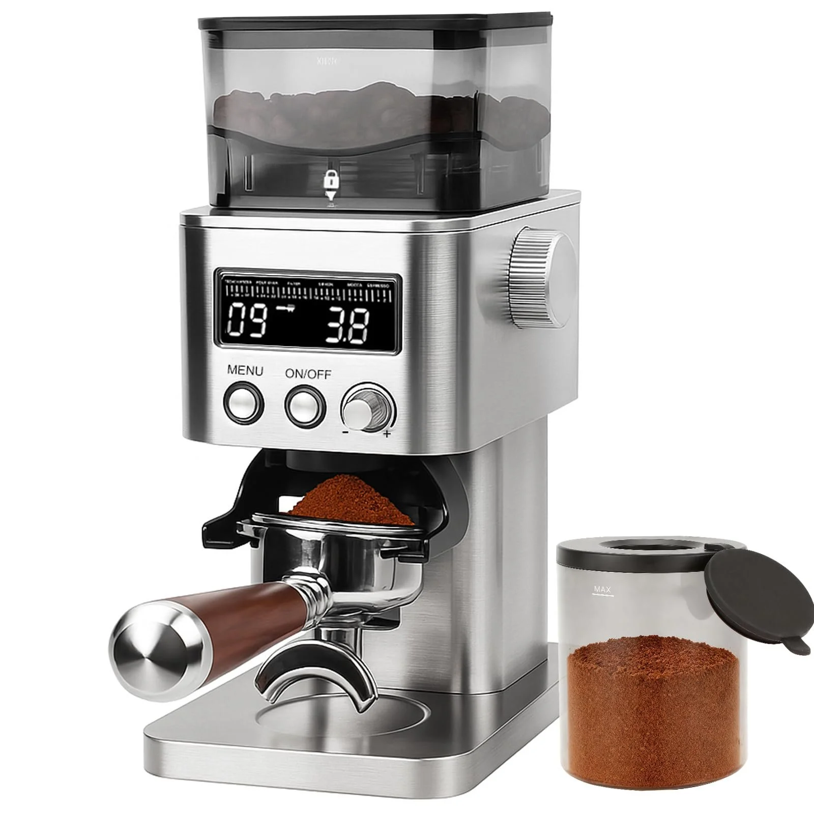 Кофемолка Homtone Электрическая из нержавеющей стали для портафильтра, с LCD экраном, 31 уровень помола, Коническая , для эспрессо/фильтр-кофе/заваривания кофе, фото №1