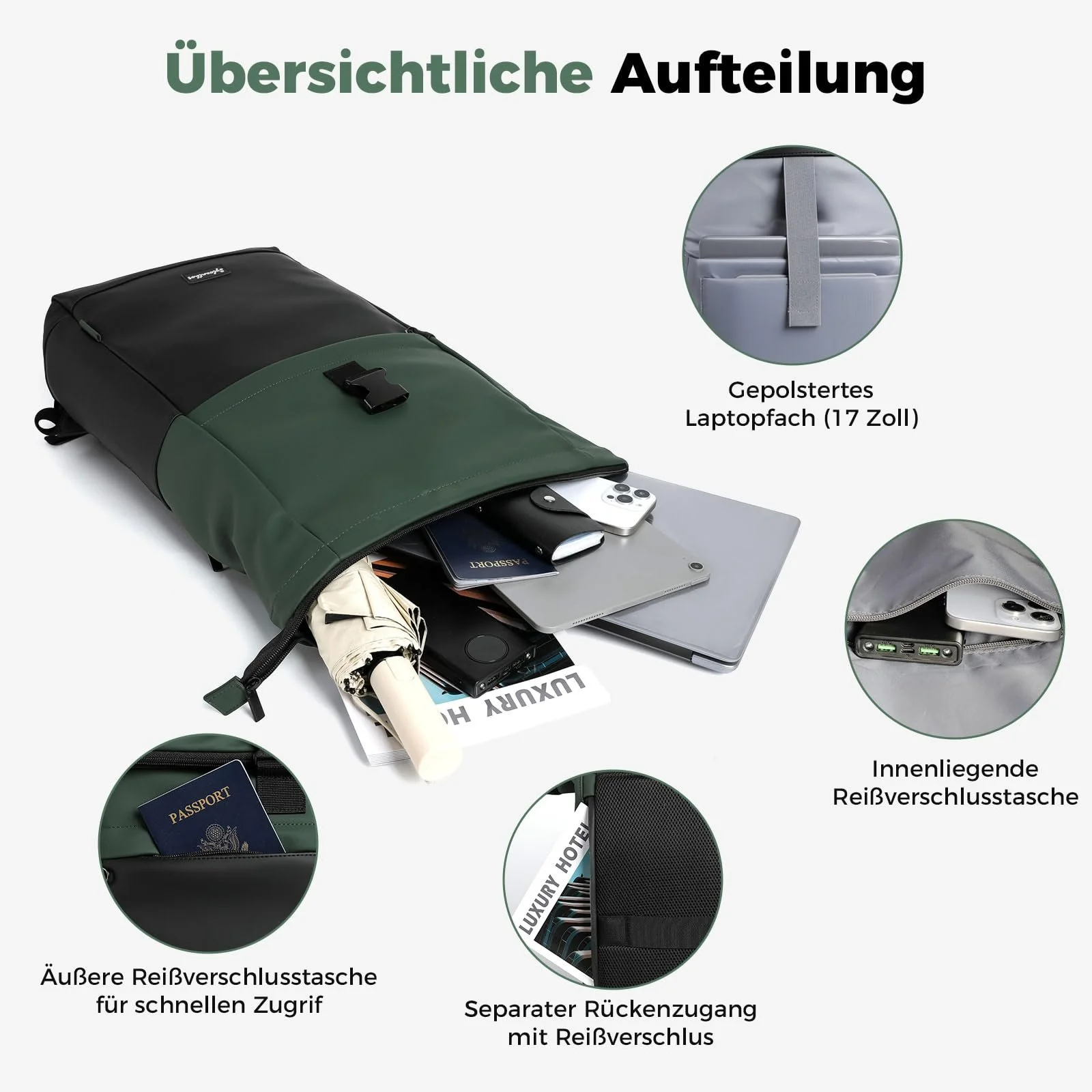 Рюкзак для ноутбука Rolltop Waterproof Expandable 18-25L 17 дюймів Green, фото №6 Рюкзак для ноутбука Rolltop Waterproof Expandable 18-25L 17 дюймів Green, фото №6