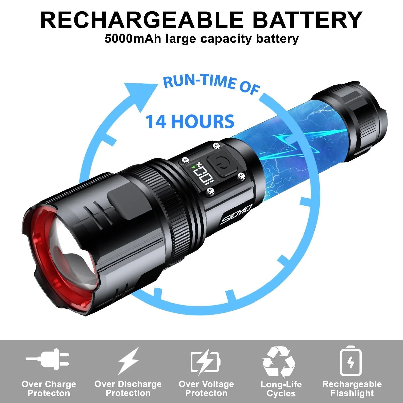 Ліхтарик Siuyiu 3000 люмен, світлодіодний, акумуляторний з цифровим дисплеєм живлення, з можливістю масштабування, 4 режими для кемпінгу, надзвичайних ситуацій та використання на відкритому повітрі, фото №8