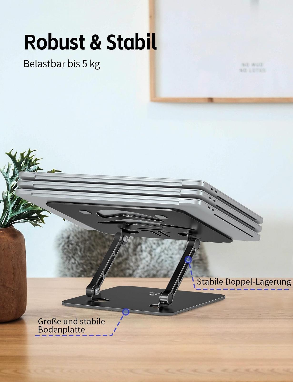 Підставка для ноутбука алюмінієва ергономічна, регульована по висоті та складна, стабільна та нековзка, покращена вентиляція, сумісна з MacBook (до 15,6 дюймів), чорна, фото №4