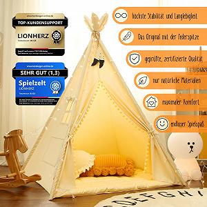 Вігвам LIONHERZ® The Original для дітей, 100% бавовна, з прикрасою з пір'я, м'який килимок, сумка для перенесення, кремово-білий synthetic.ua - Фото 1