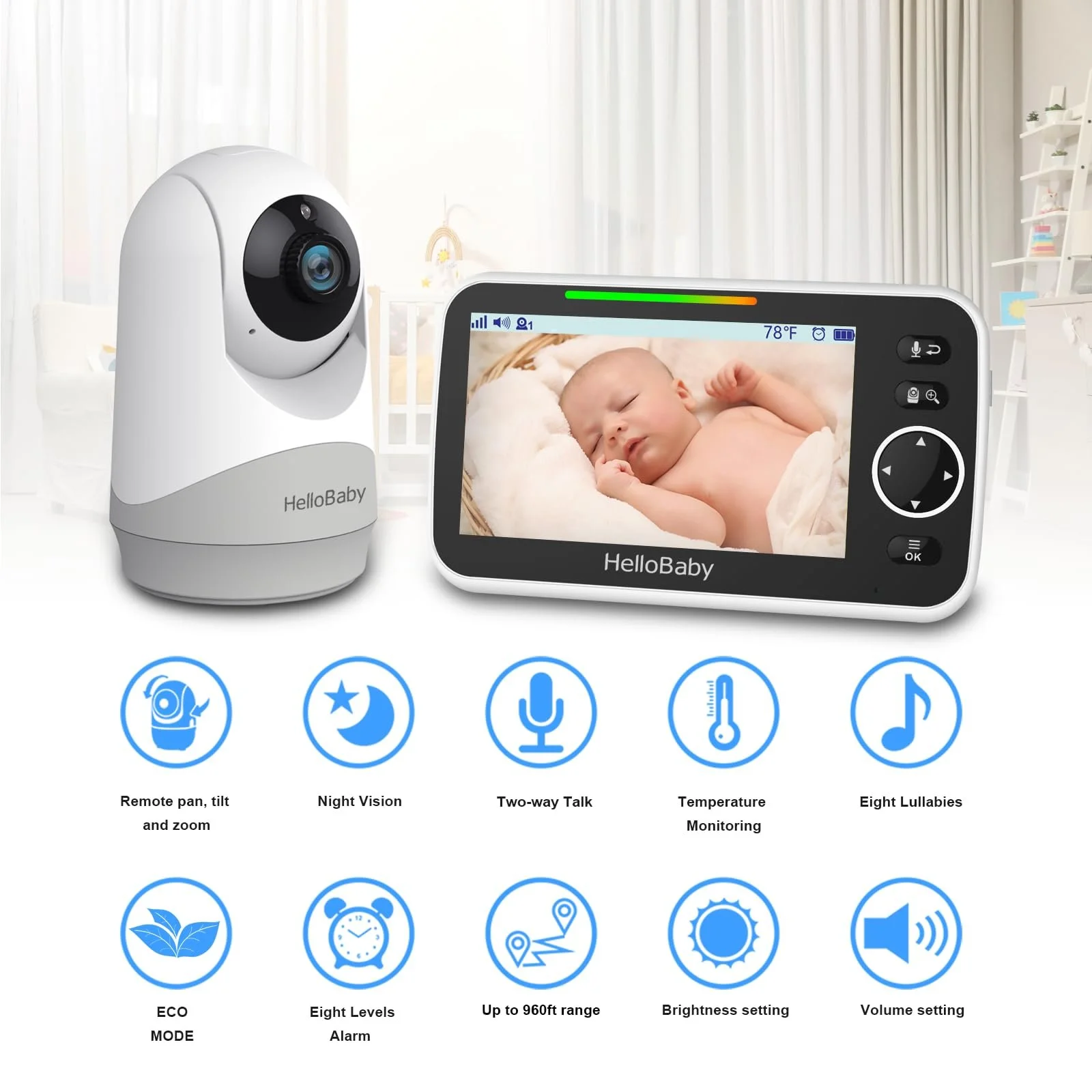 Відеоняня HelloBaby 5" 3500 mAh Pan Tilt Zoom, фото №2