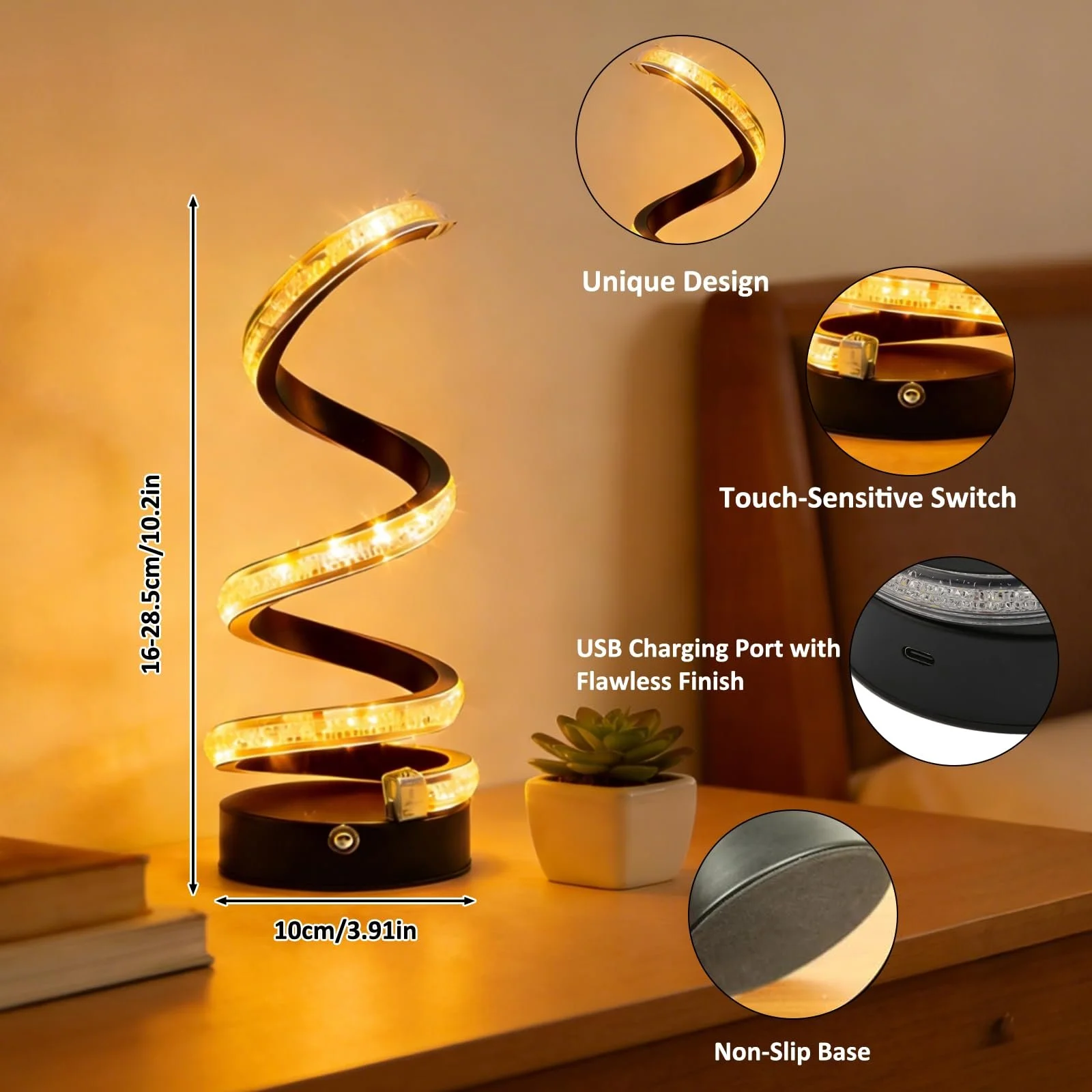 Настільна світлодіодна лампа Spiral 2 шт. USB Dimmable Чорна з блискітками, фото №2