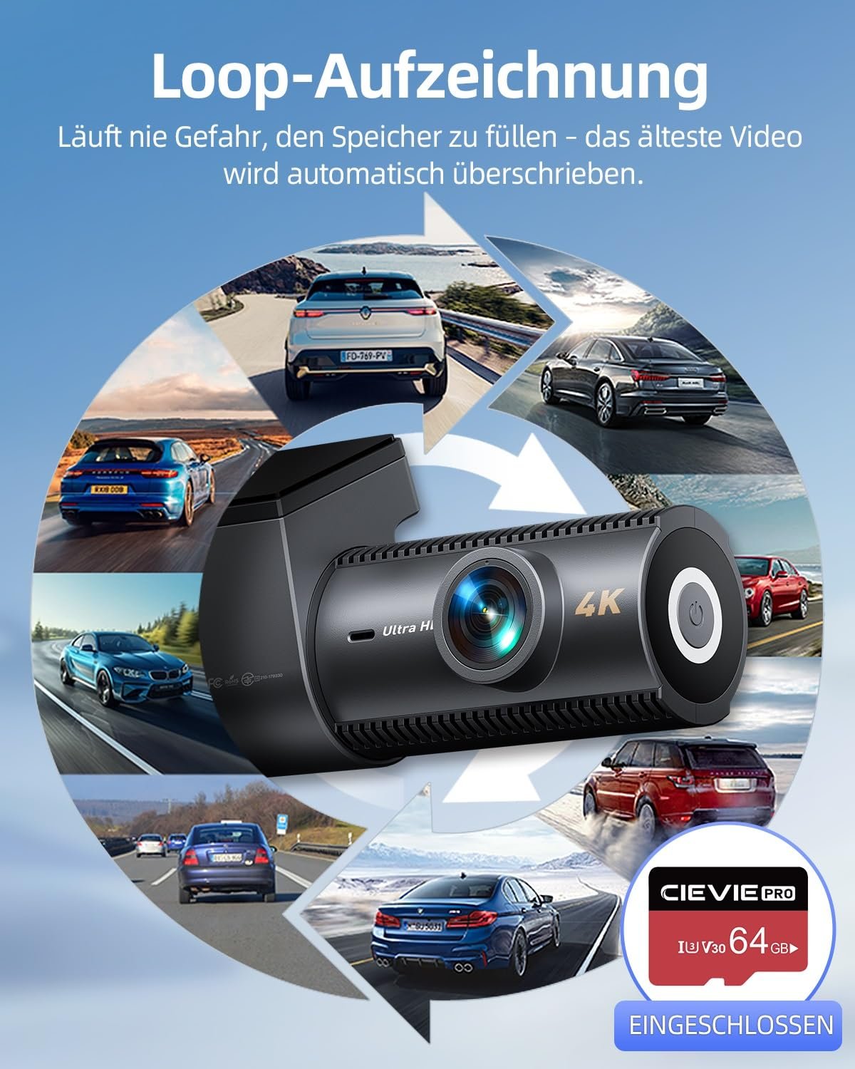 Відеореєстратор CIEVIE 4K + 1080P передня і задня камери з картою SD 64GB, 5GHz WiFi, дисплей 1.5 дюйми IPS, кут огляду 170 градусів, G-Sensor, WDR нічне бачення, фото №4
