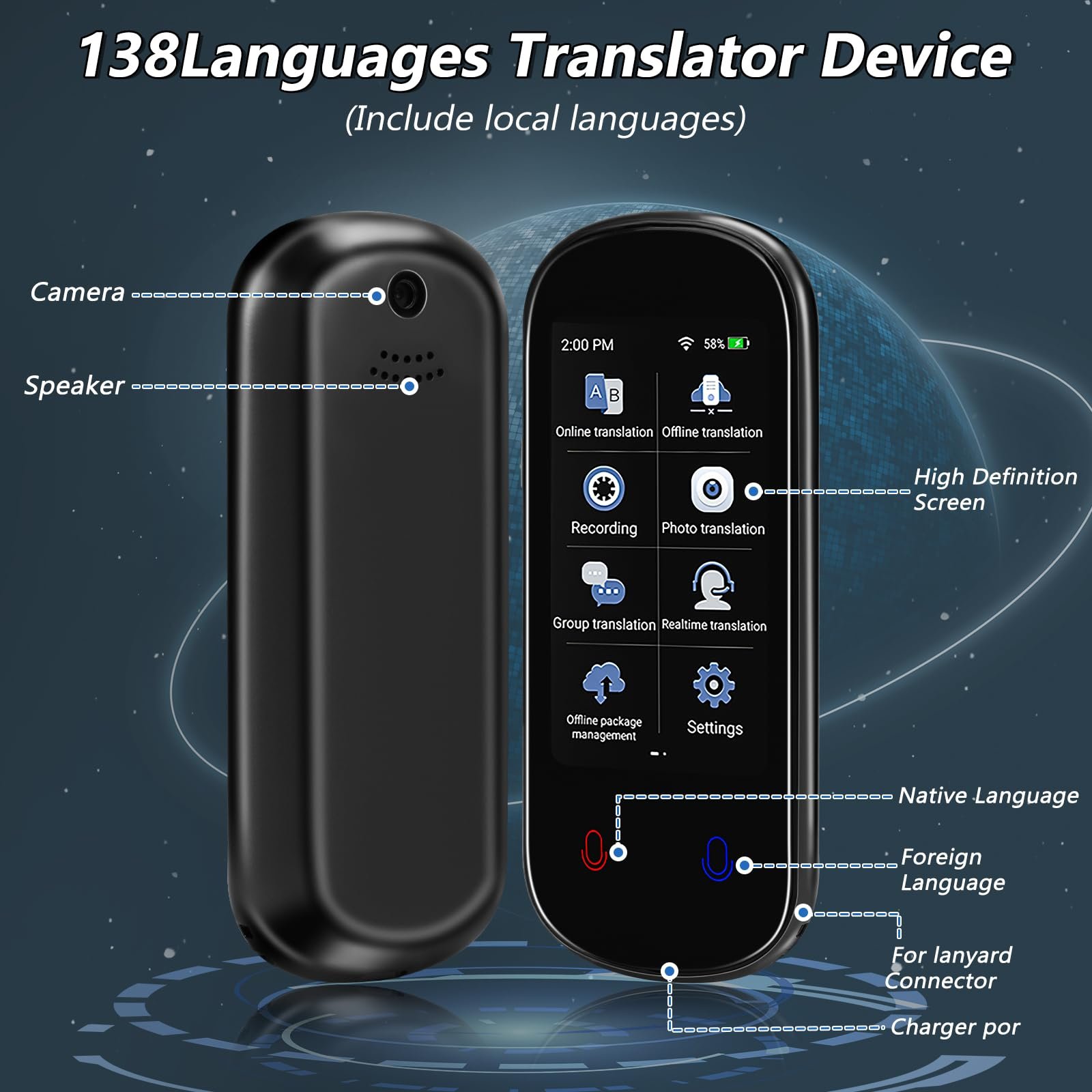 Інтелектуальний голосовий перекладач Z2 138 мов, 3-дюймовий HD сенсорний екран Акумулятор 1500 mAh WiFi, фото №8