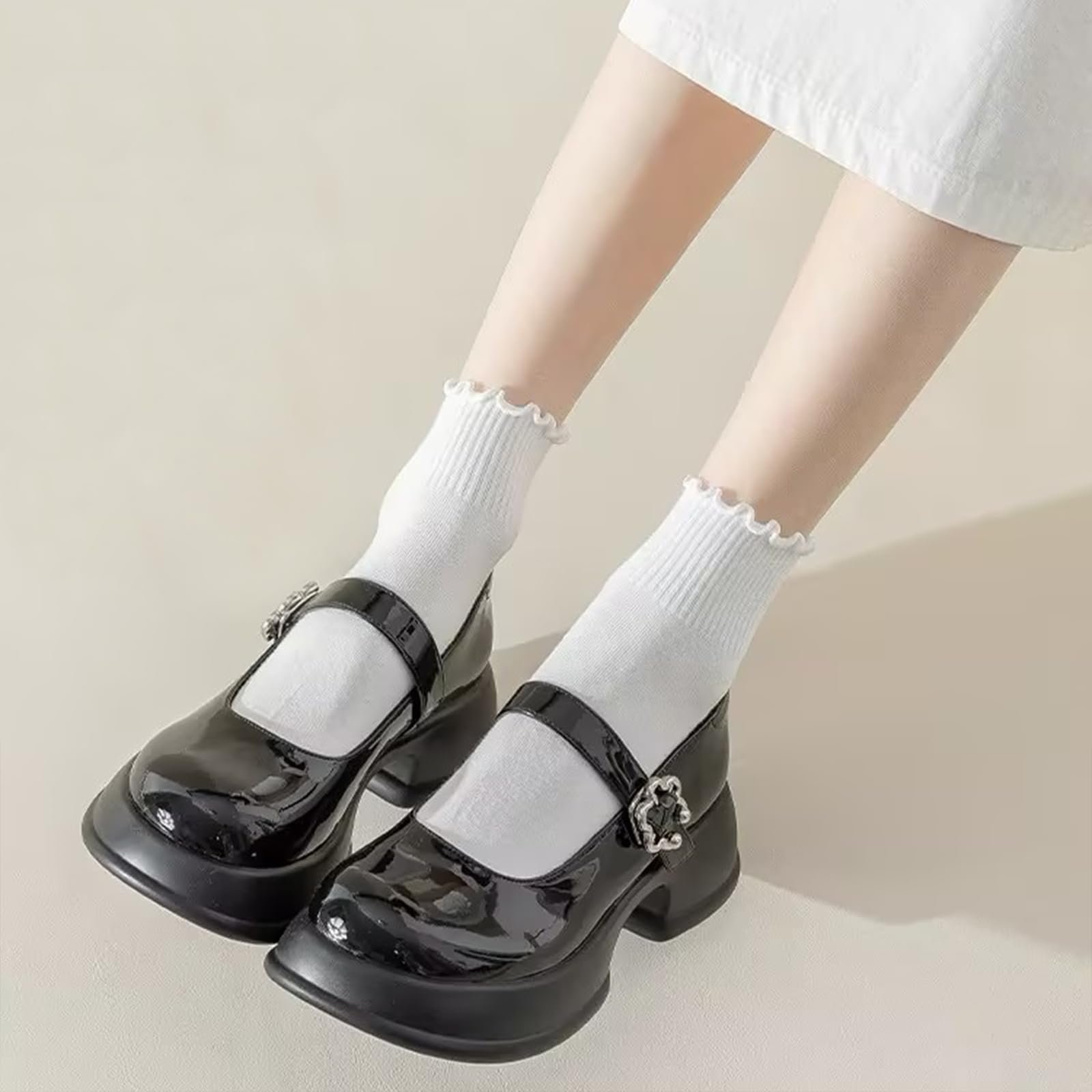 Носки с рюшами Высокой Эластичности Дышащие Хлопковые Женские для обуви Мэри Джейн, балеток, кроссовок (Белый), 10 пар, Белый, фото №4