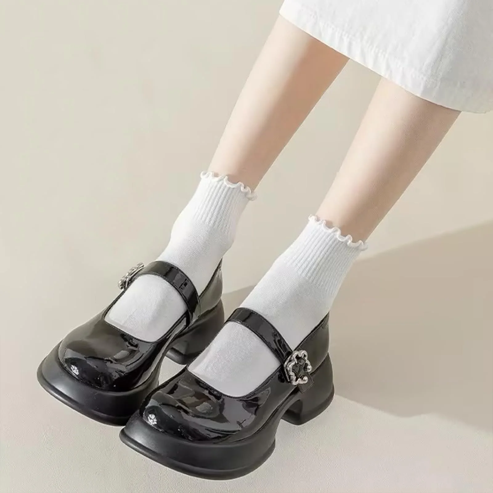 Носки с рюшами Высокой Эластичности Дышащие Хлопковые Женские для обуви Мэри Джейн, балеток, кроссовок (Белый), 10 пар, Белый, фото №4