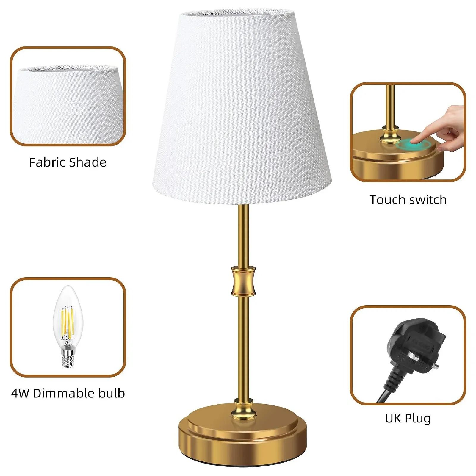 Настільні лампи Totofac Bedside Lamp сенсорні димовані (набір 2 шт.) LED E14 Білий / Золотий, фото №6