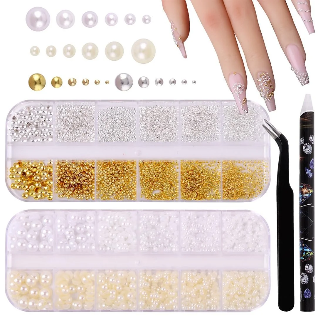 Бусины для ногтей Flackback 2 коробки, золотые серебряные икорные стразы, белые бежевые микробусины с ручкой и пинцетом, фото №7