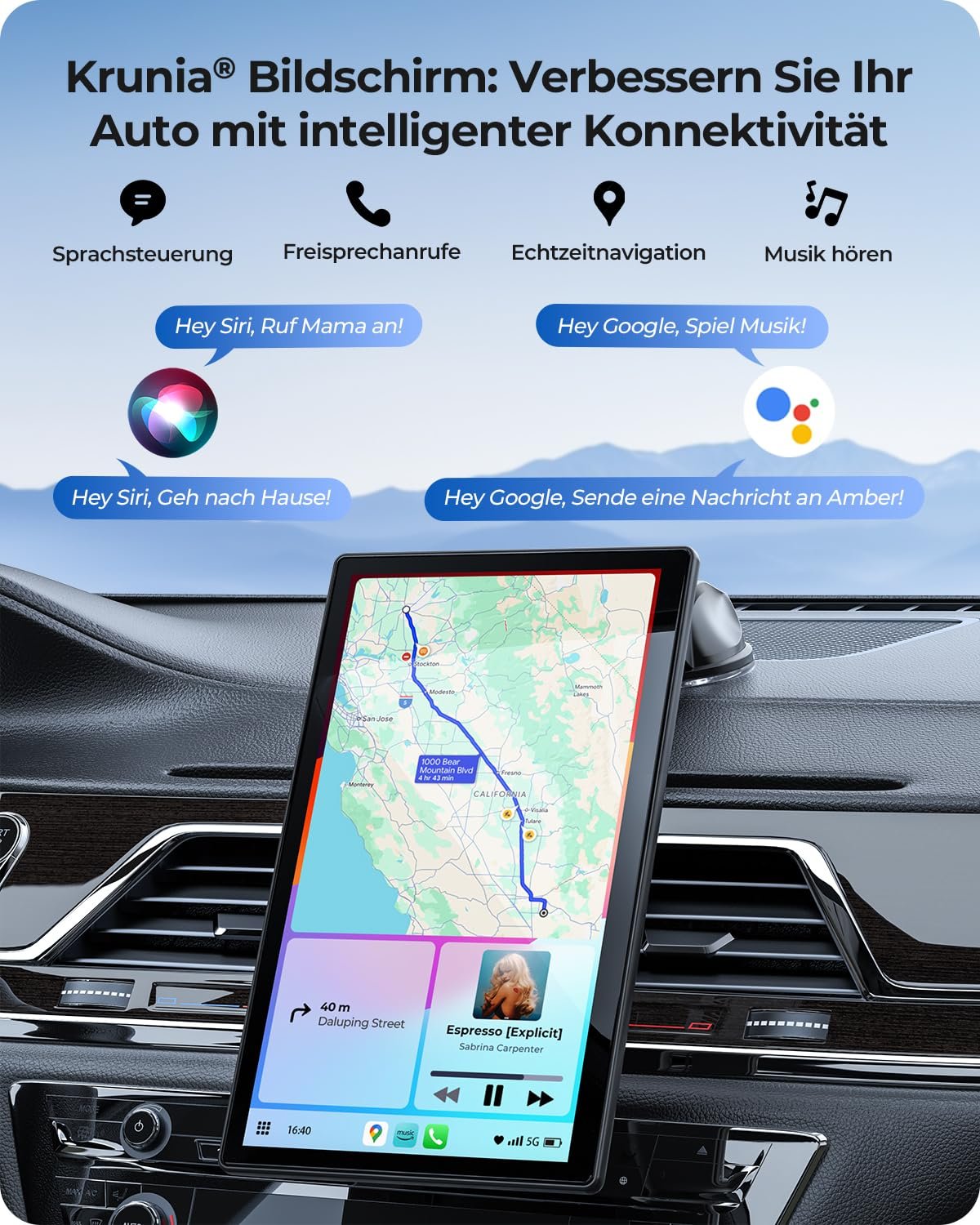 Дисплей Krunia 9 дюймов, беспроводной, портативный, 60FPS, Car Play для Apple CarPlay и Android Car, магнитный держатель, OTA, портретный и альбомный формат, камера заднего вида, Bluetooth, голосовое управление, GPS-навигация, фото №6