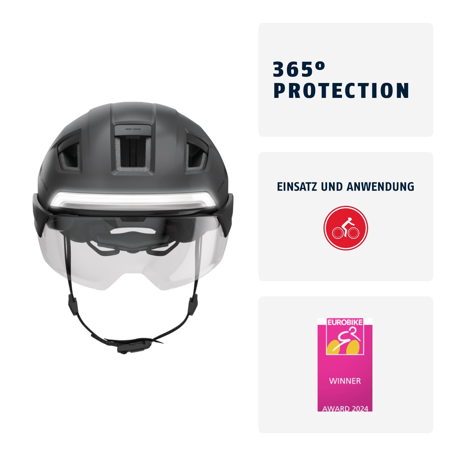 Велосипедний шолом ABUS HYP-E ACE з передньою фарою, задньою фарою та миготливим світлом з козирком та навушниками Також підходить для E-Bike та S-Pedelec для чоловіків та жінок Розмір S, сірий, фото №2