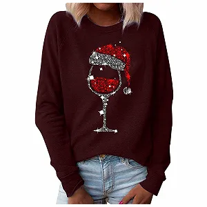 Рождественский джемпер Женская смешная рубашка с длинными рукавами Блестки Принт бокала красного вина Пуловер Рождественский женский свитшот Рождественская рубашка Женская с длинными рукавами с рождественским мотивом Санты Рождественская футболка - Фото 1