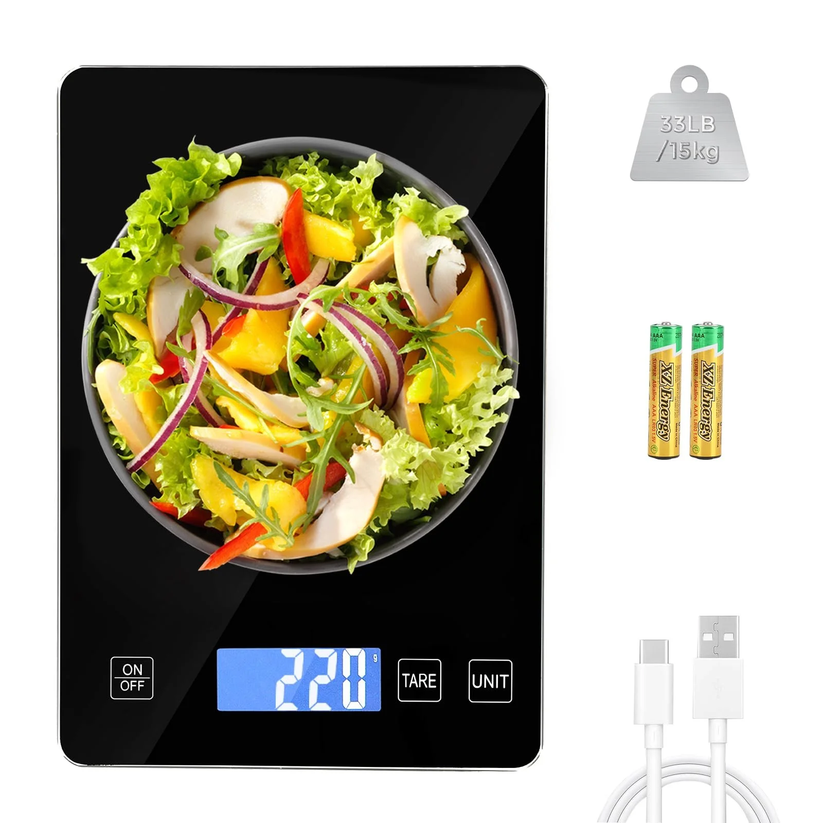 Кухонні ваги Цифрові USB C 15 kg / 1 g Чорні, фото №1
