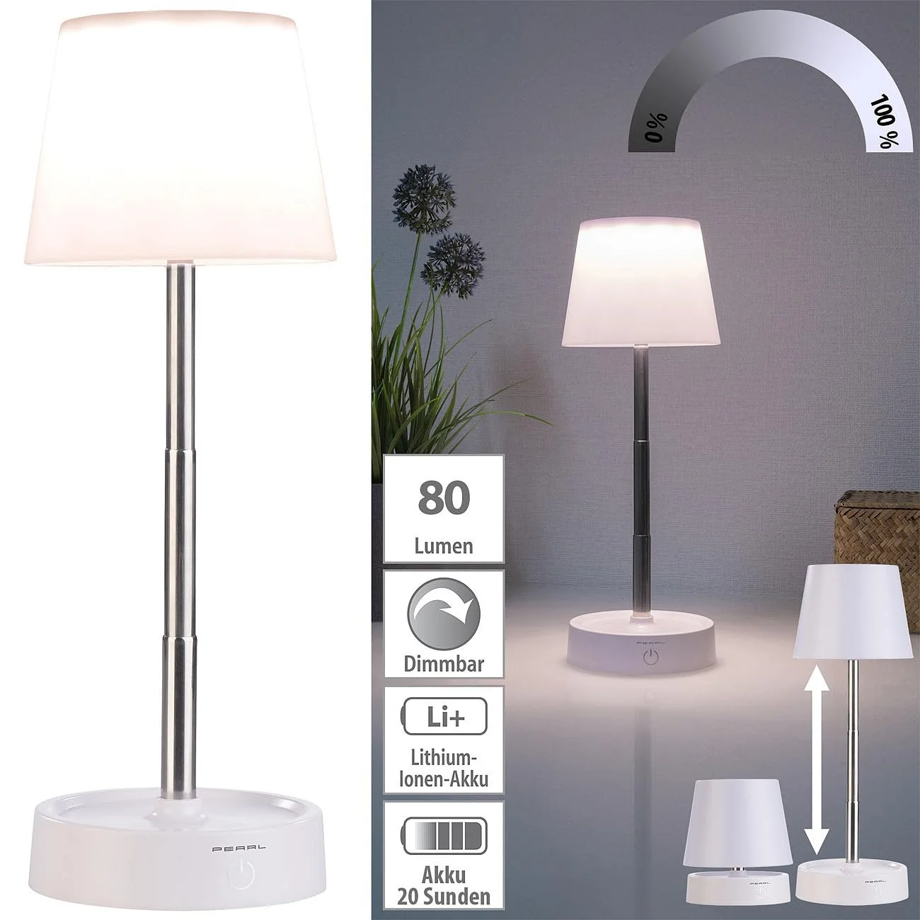 Настільна лампа PEARL Телескопічна Акумуляторна Диммована 80 лм 1200 мАг USB-C Біла, фото №3