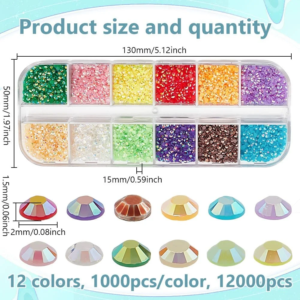 Стразы полукруглые Approx. 12000 штук, 12 цветов, 2 мм, смола, плоская задняя часть, граненые хрустальные стразы-кабошоны, фото №2