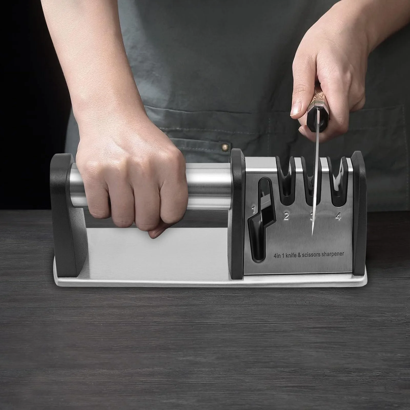 Ручне точило 4-в-1 для ножів та ножиць з 4 слотами нержавіюча сталь сріблясте, фото №9