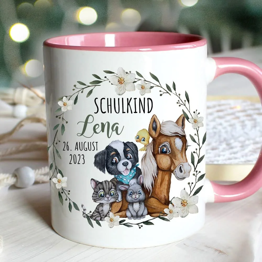 Емальована кружка Farm Animals Wreath Saying School Child Name Date Рожевий, фото №1