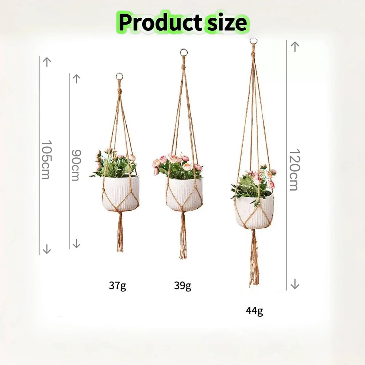 Підвісні кашпо макраме бавовняні, набір 3 шт., 90/105/120 см, з металевими гачками, фото №2