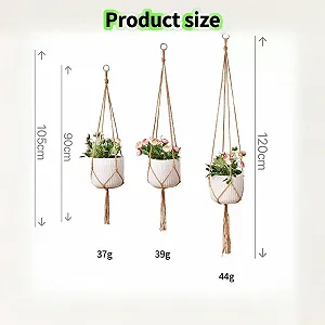 Підвісні кашпо макраме бавовняні, набір 3 шт., 90/105/120 см, з металевими гачками synthetic.ua - Фото 1