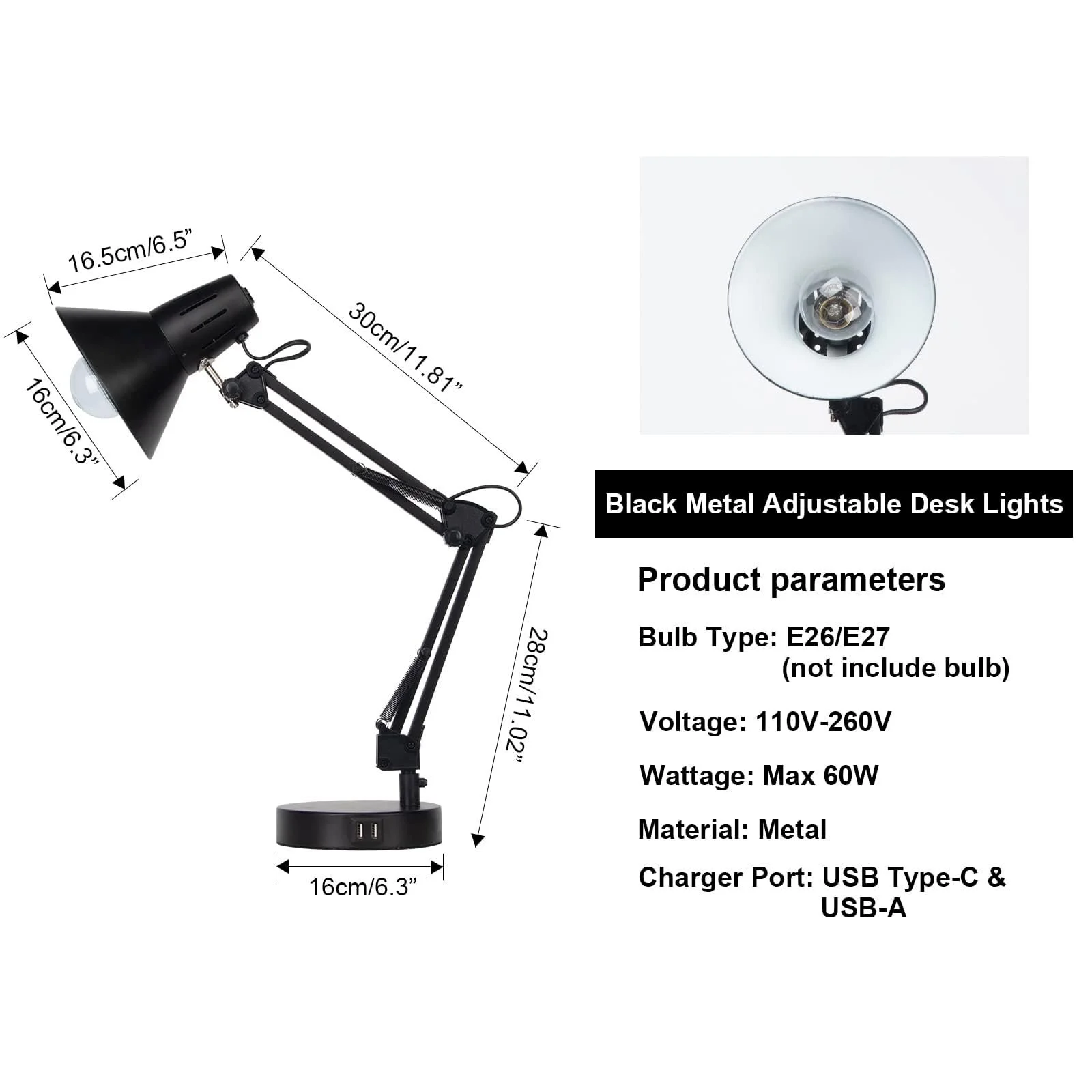 Настільна лампа FIRVRE металева регульована, гнучка шия, поворотний кронштейн, з USB-портами, чорна, фото №2