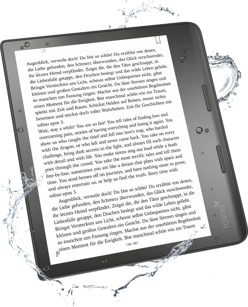 Електронна книга 8" Tolino Epos 3 / 32 ГБ / Android 8.1 / Wi-Fi / Сенсорний E-Ink екран (1440 × 1920) / Налаштовувана яскравість / Вологозахищеність IPX8 / Чорна, фото №6