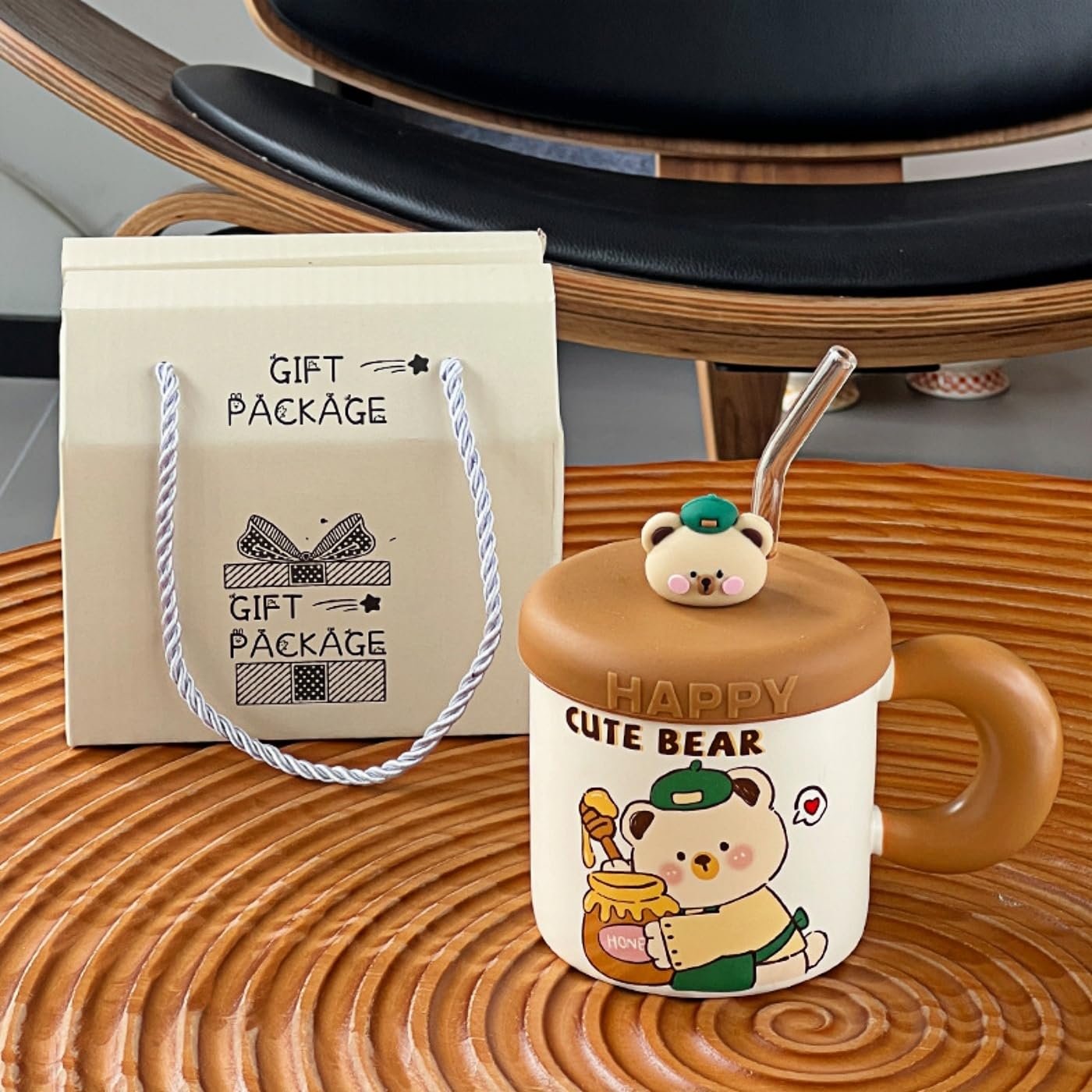 Чашка для капучино Керамічна з мультяшним ведмедем і силіконовою кришкою, скляна соломинка 380 мл, фото №3