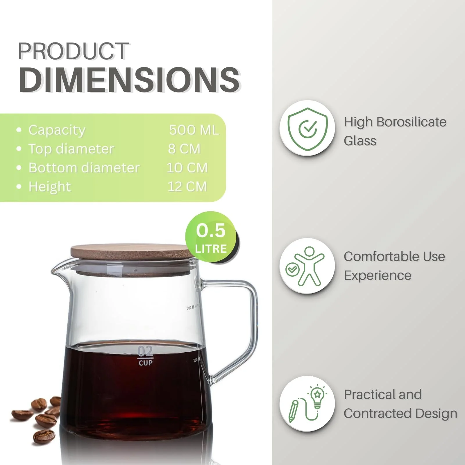 Кофейник стеклянный High Borosilicate Glass с деревянной крышкой 500 мл, фото №2