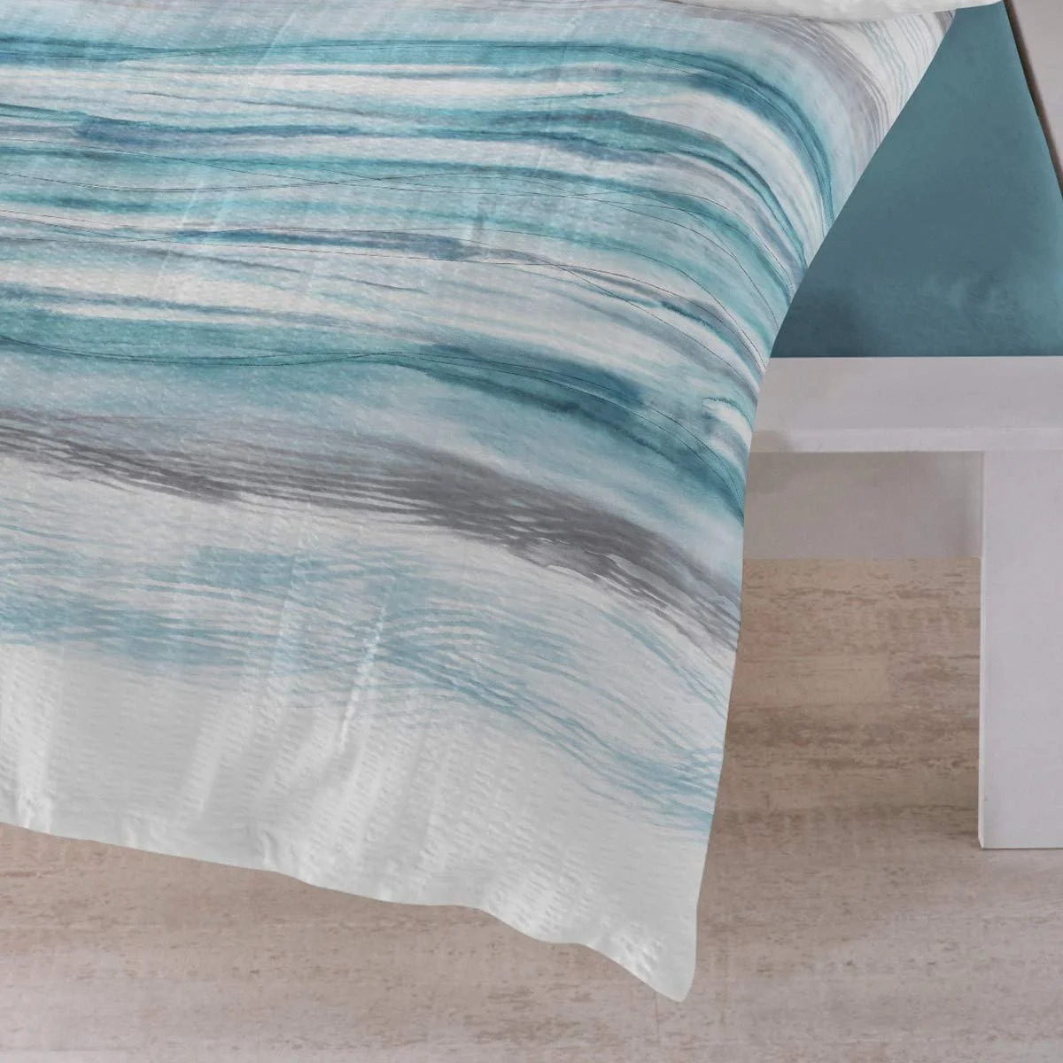 Комплект постільної білизни Traumschlaf Refreshing Wave жатка не потребує прасування літній на блискавці 135 x 200 см + 80 x 80 см бірюзово-сірий, фото №3