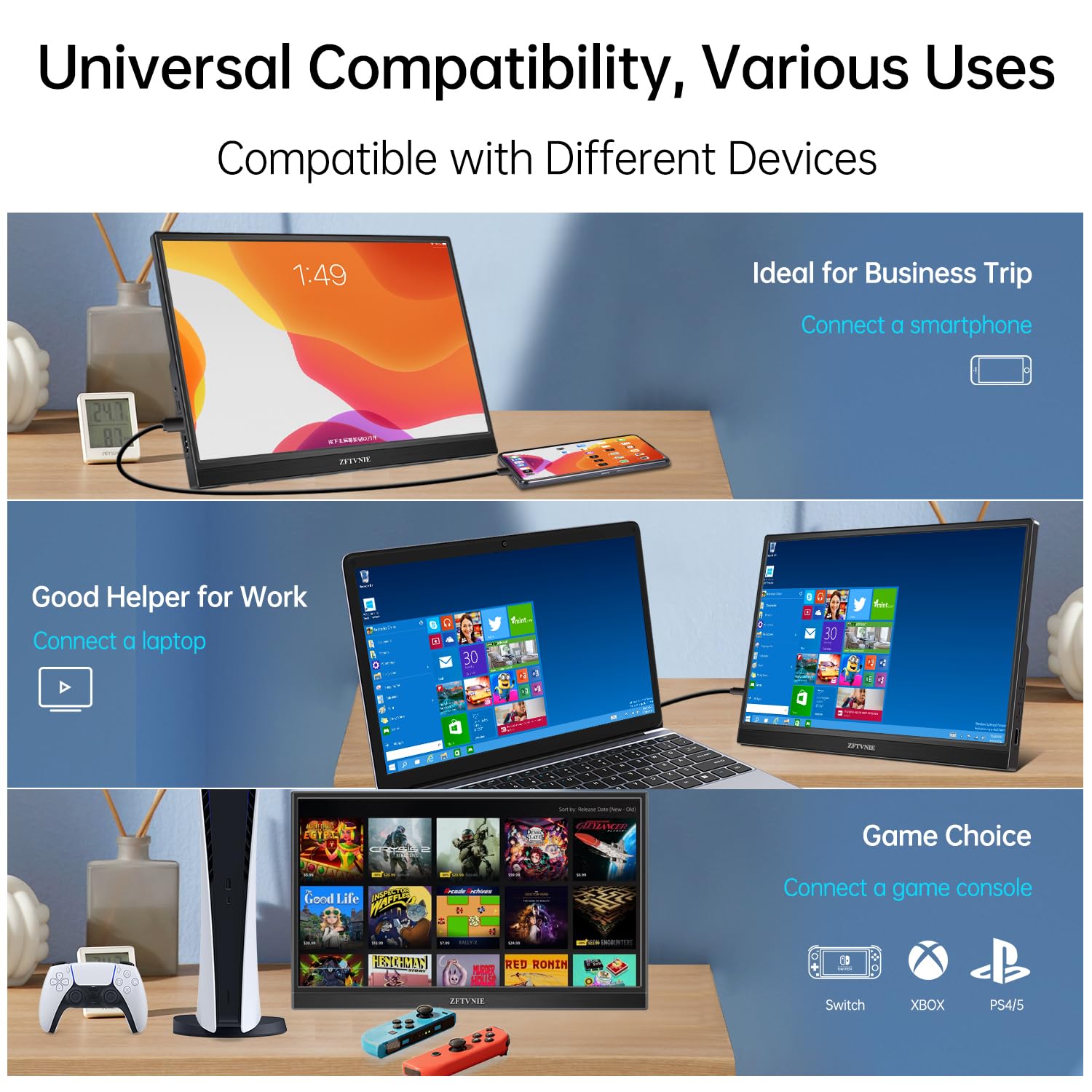 Монітор ZFTVNIE Touchscreen Portable 14 дюймів FHD 1920 x 1080P IPS HDR Display Touchscreen HDMI USB Type-C, фото №4
