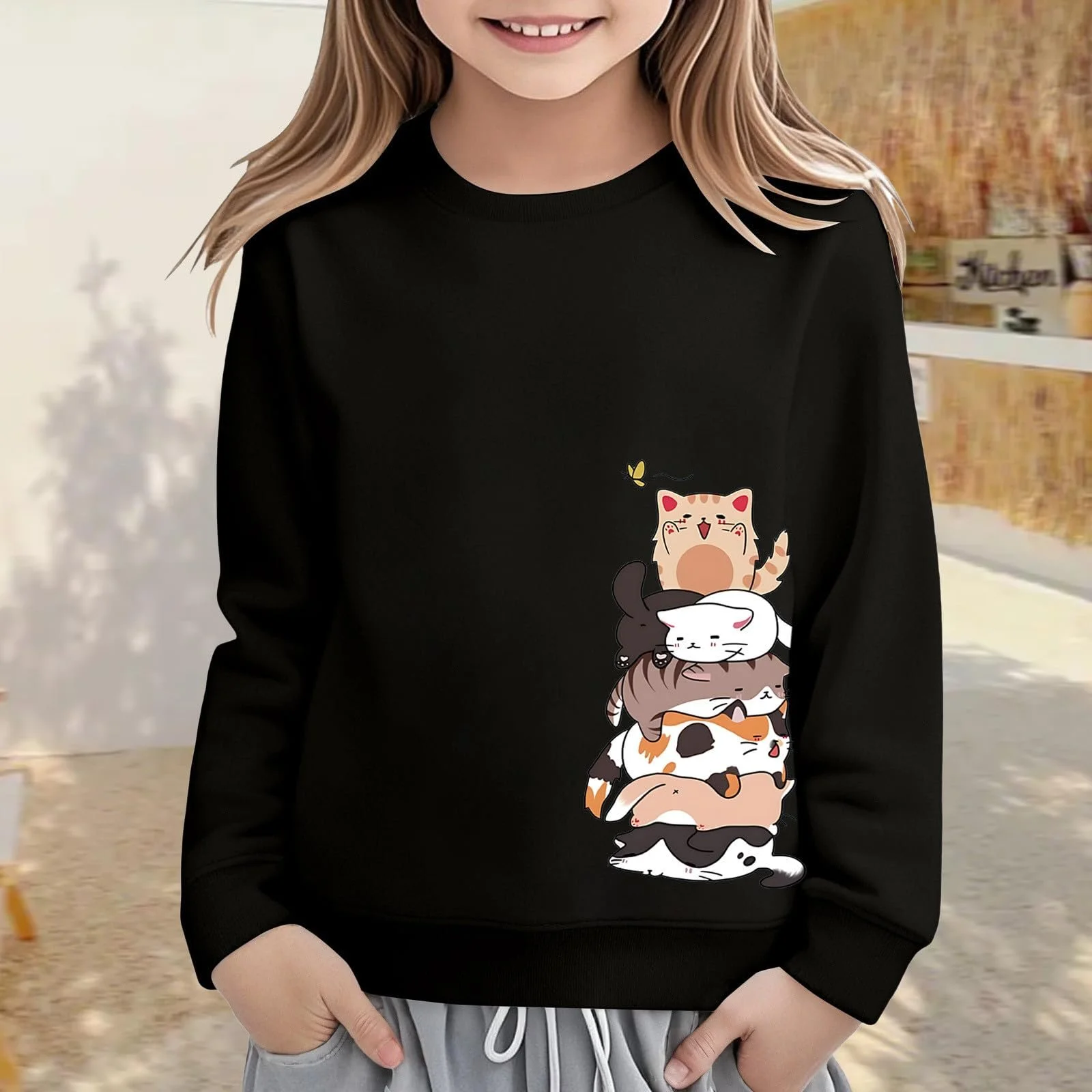 Пуловер для девочки, размер 140, с графическим принтом, мягкий флисовый свитшот с длинными рукавами для повседневных активностей, фото №3