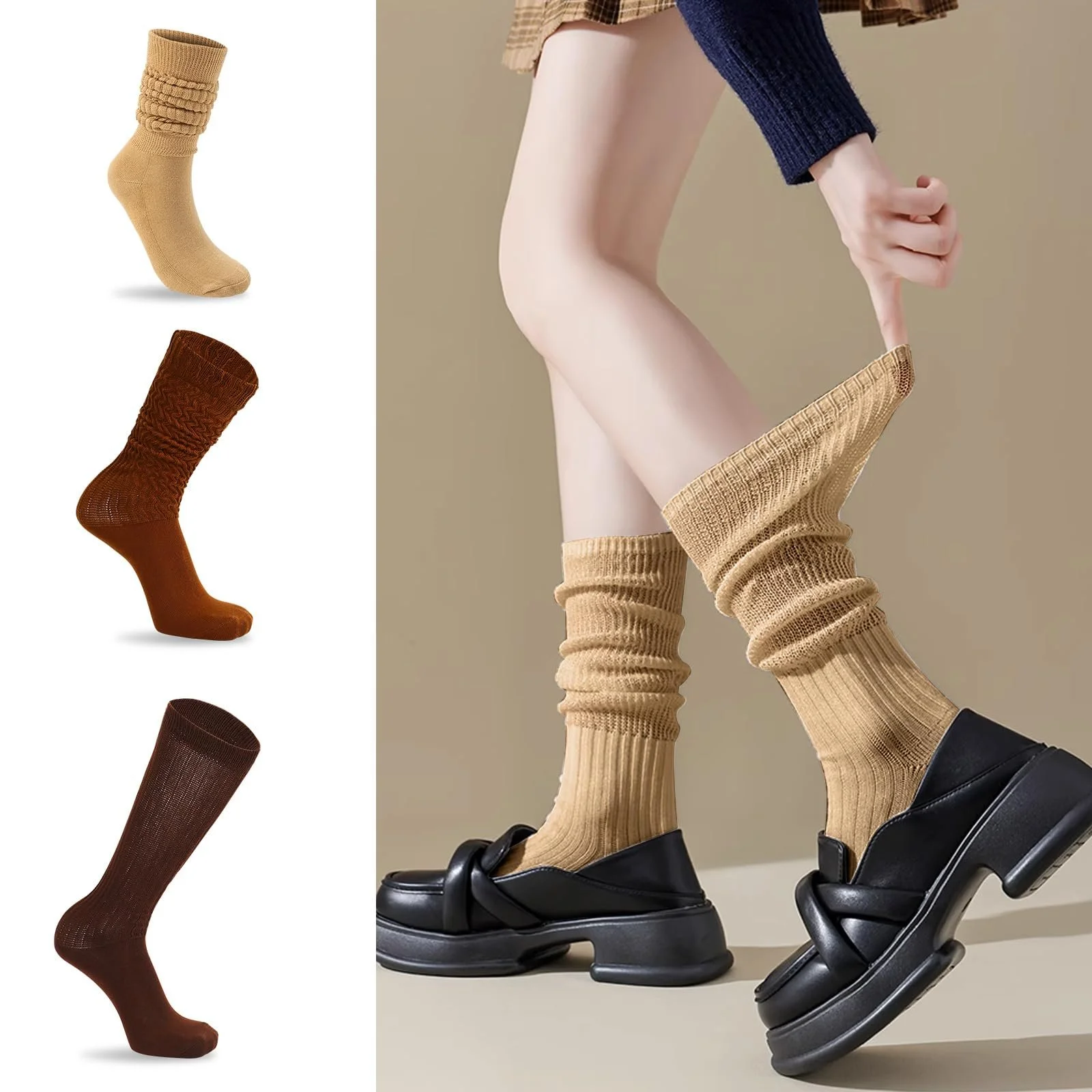 Женские носки 3 пары, удлиненные носки до колен, хлопковые вязаные носки, осенне-зимние носки для стильного и комфортного вида, один размер, фото №3