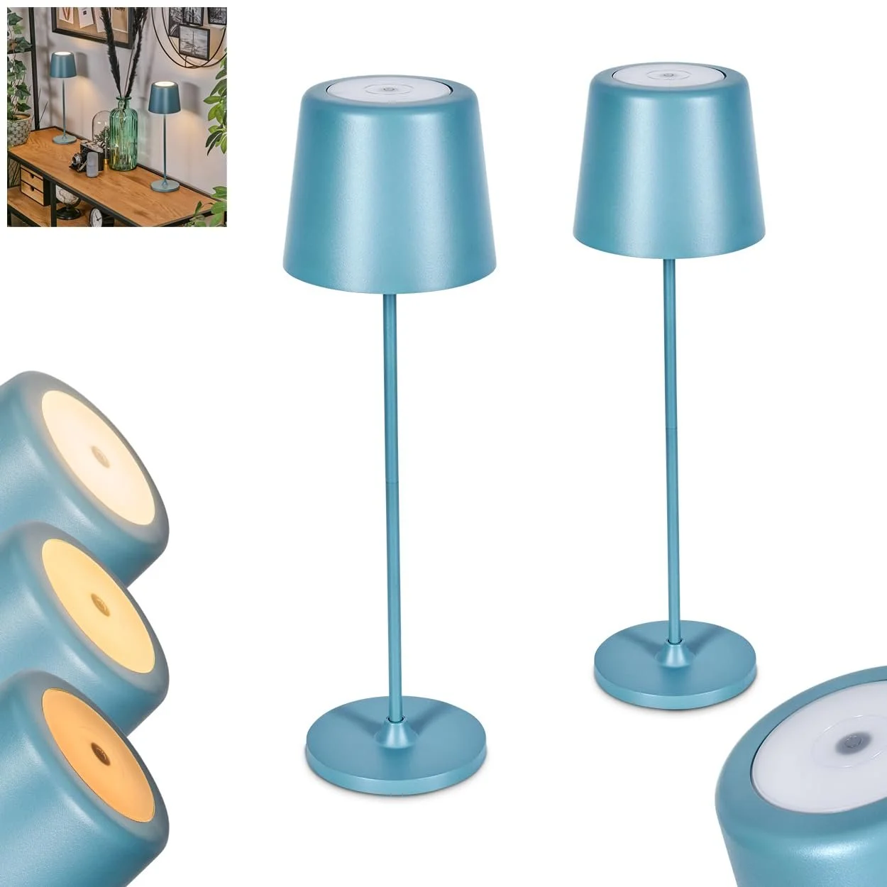 Настільна лампа HOFSTEIN Belece LED набір з 2 шт димована металева/пластикова 37 см USB-C акумуляторна IP44 синя/біла, фото №1