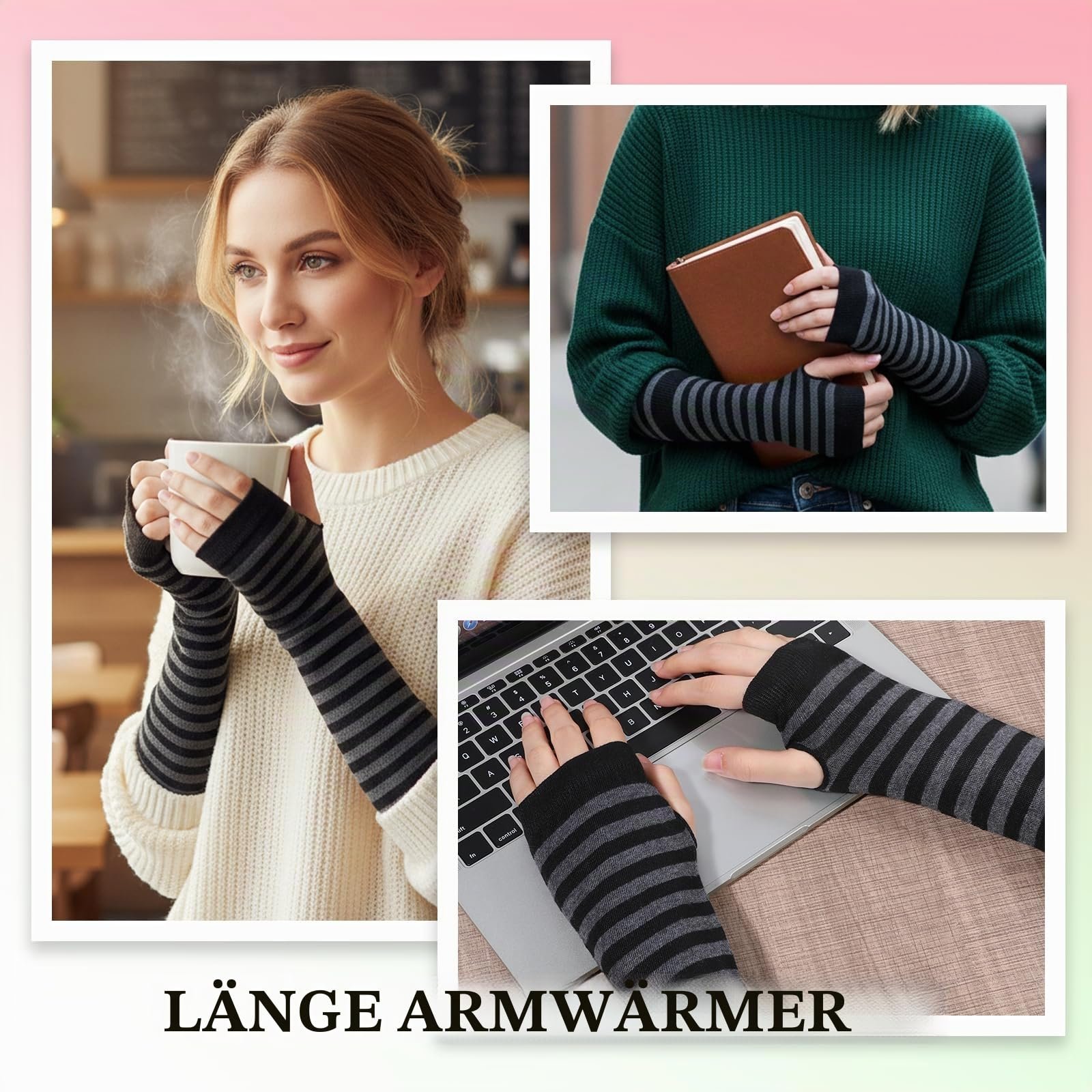 Мітенки TIESOME Long Fingerless Gloves в'язані смугасті Y2K з отвором для великого пальця, фото №3