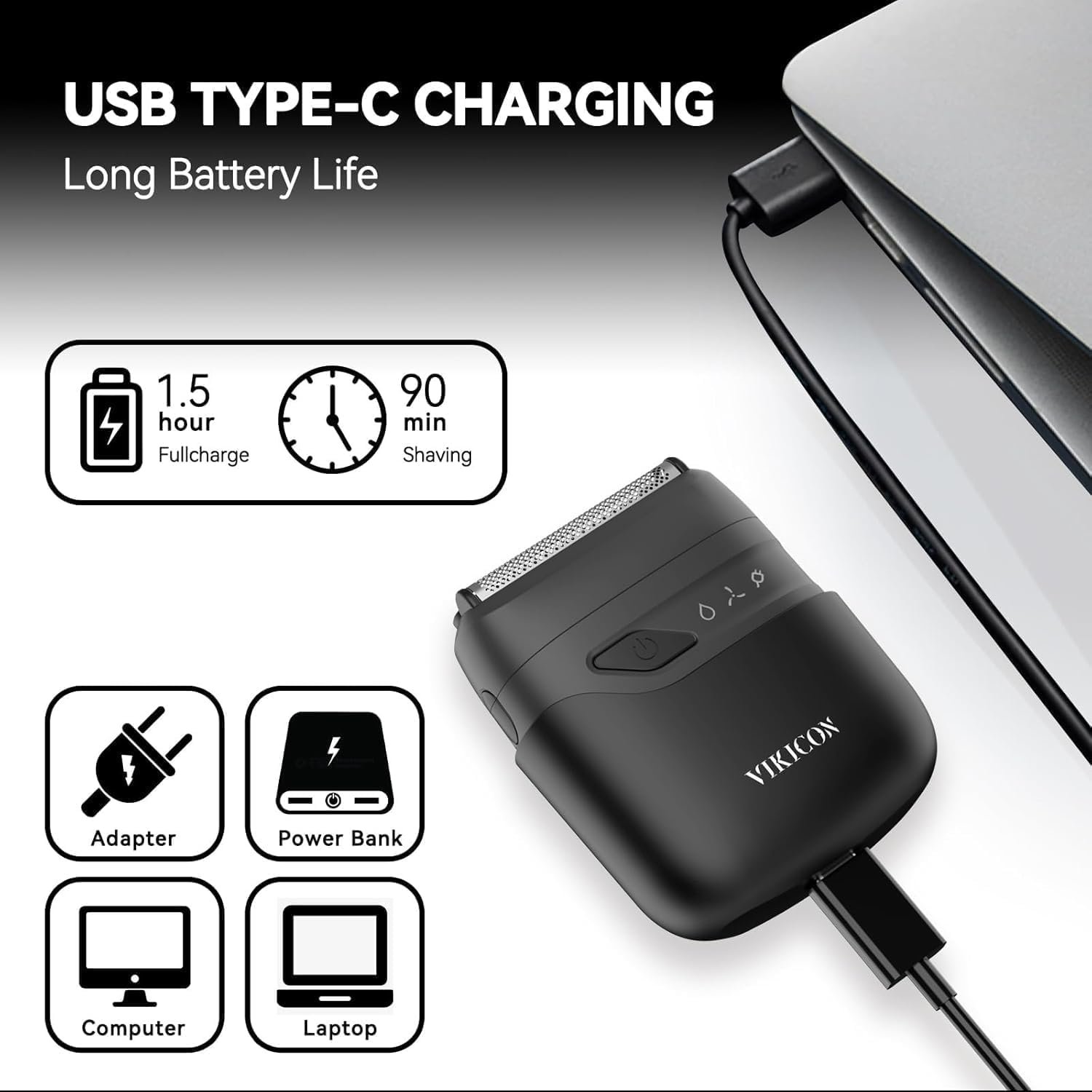 Мини-электробритва сеточная VIKICON аккумуляторная USB-C Черная, фото №4 Мини-электробритва сеточная VIKICON аккумуляторная USB-C Черная, фото №4