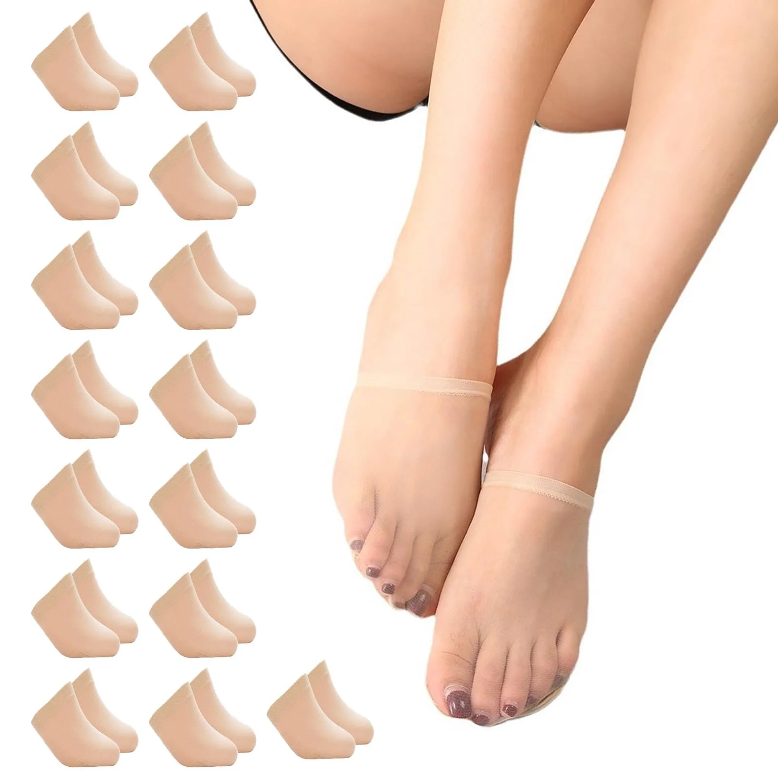 Носки для пальцев женские 15 пар Нейлоновые носки до щиколотки Тонкие невидимые носки для передней части стопы с нескользящими силиконовыми пупырышками кремового цвета, фото №1