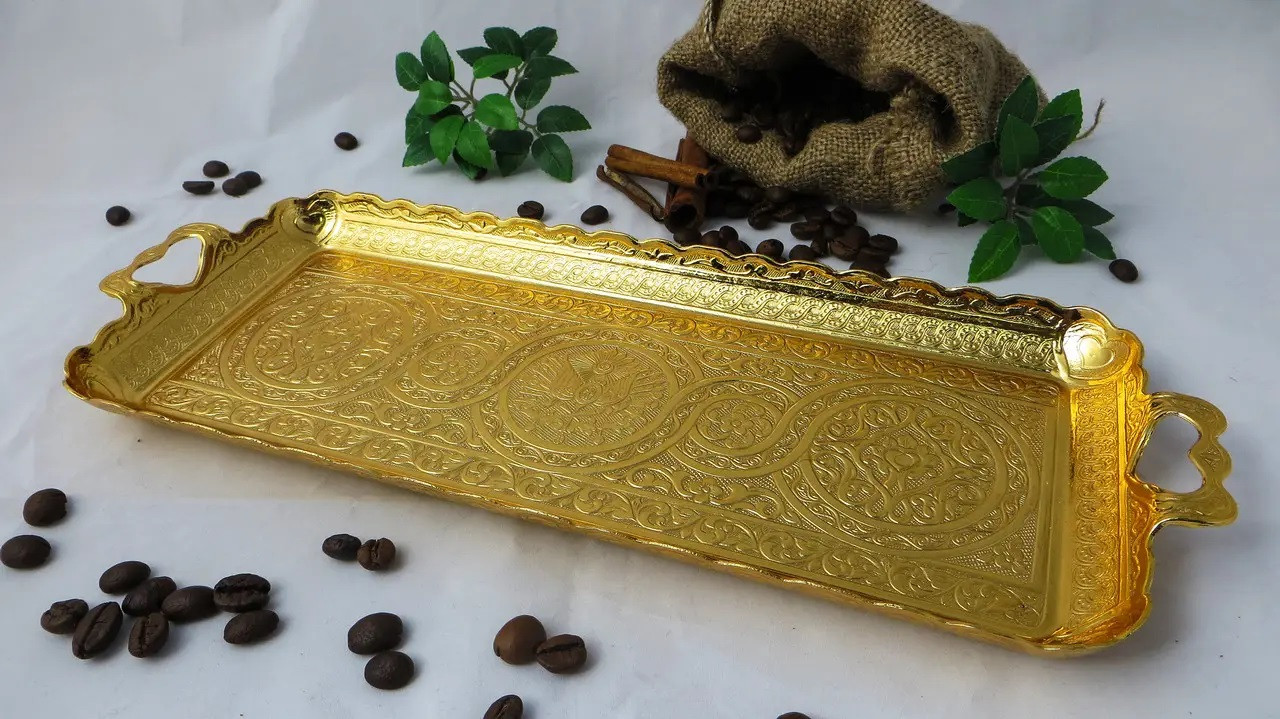 Турецкий кофеный поднос в восточном стиле металлический Цвет Золото, фото №2