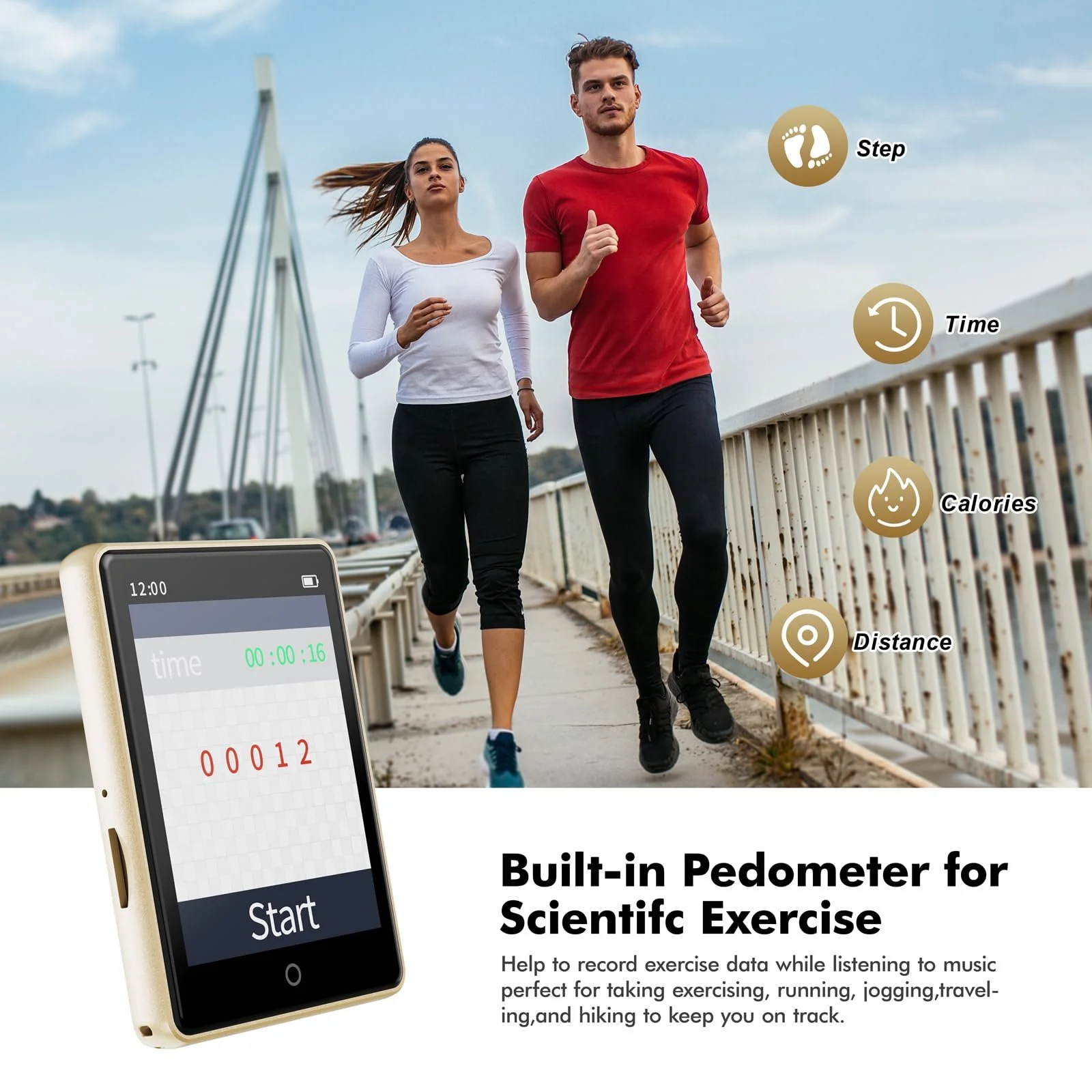 MP3 плеєр Bluetooth 5.3 з динаміком 64 ГБ, 2.8-дюймовий дисплей, Hi-Fi звук, FM-радіо, спортивний крокомір, підтримка карт пам'яті до 128 ГБ Золотий, фото №6