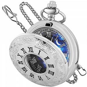 Кишеньковий годинник Tiong Hollow Blue Star Design з римськими цифрами, кварцовий з ланцюжком - Фото 1