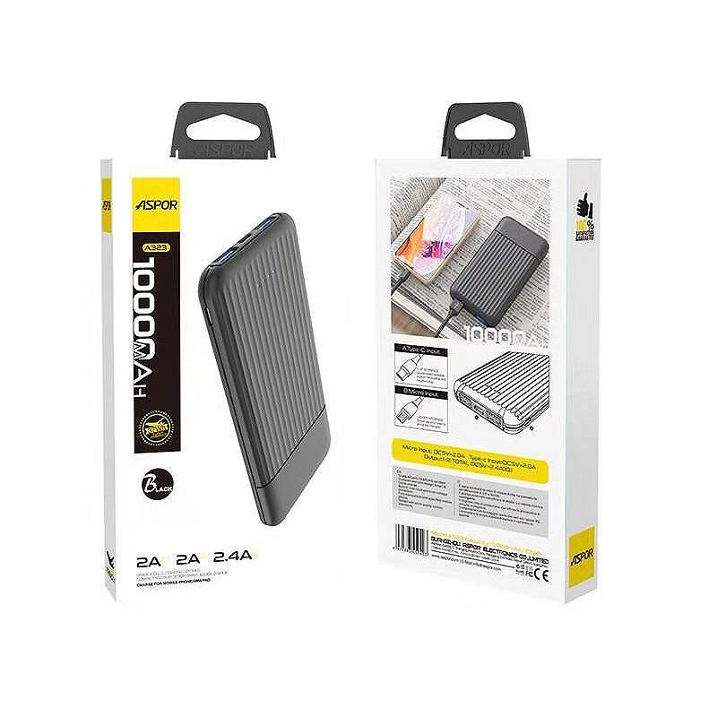 Портативний зарядний пристрій Повербанк Aspor A323 10000 mAh (Micro/Type-C/2USB/2.4A/2.4A)- чорний, фото №3