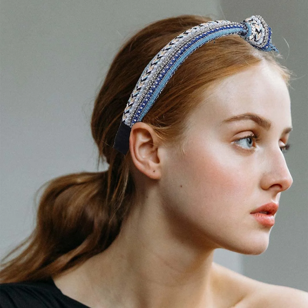 Обруч Zoestar Смугастий з кристалами, вузлом, перлами, в стилі вінтаж, фото №2