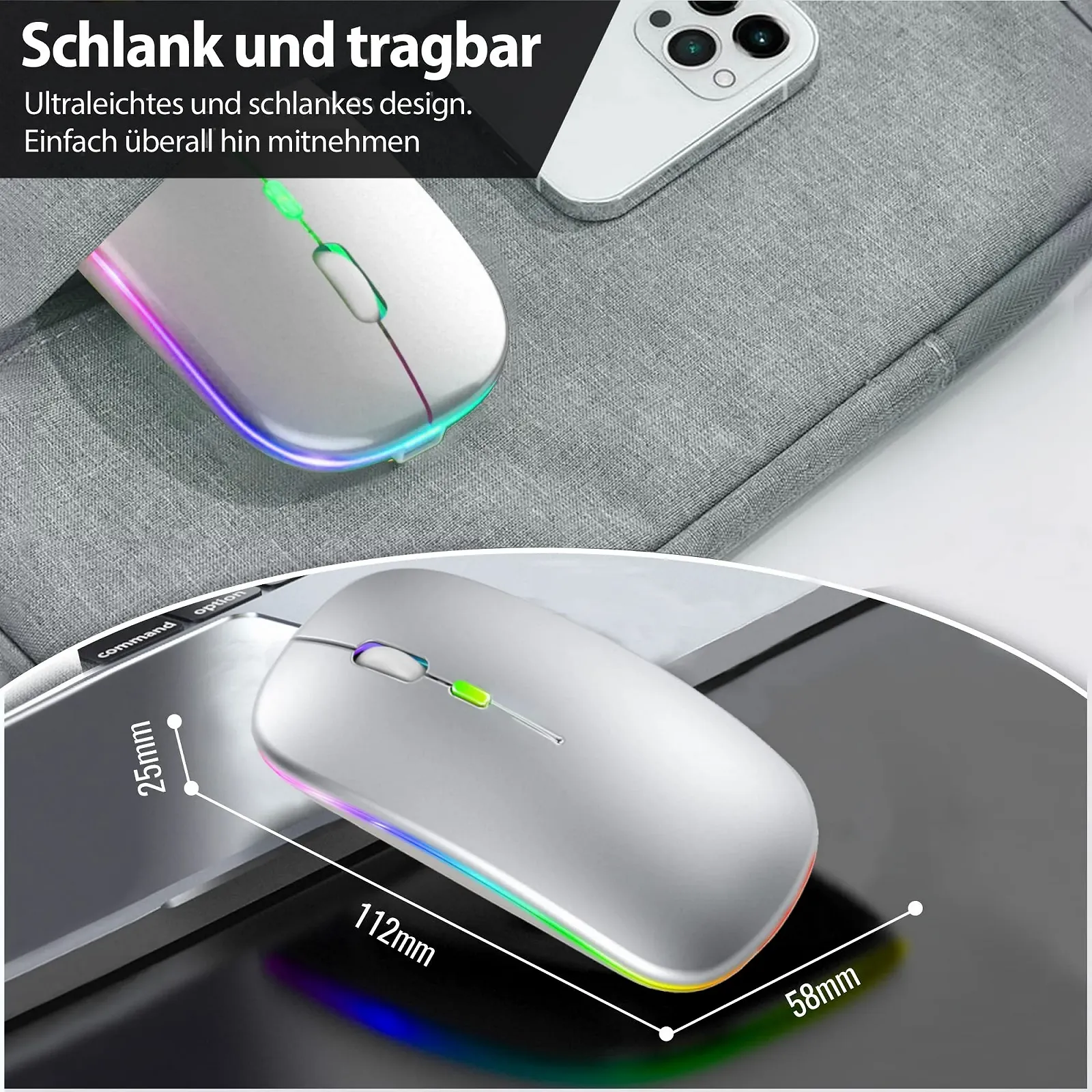 Мышь беспроводная GLOBAL TECH, LED, аккумуляторная, тихая, тонкая, USB 2.4G, серебристая, фото №7