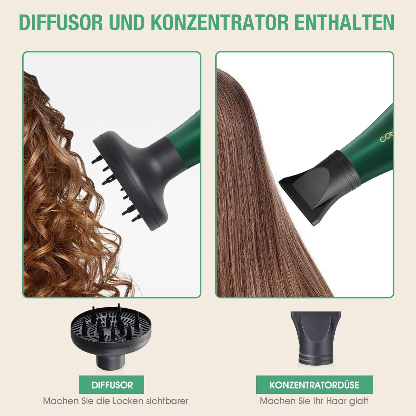 Фен CONFU Professional Ion, 2400 Вт, 2 швидкості, 3 режими нагріву, зелений, фото №4
