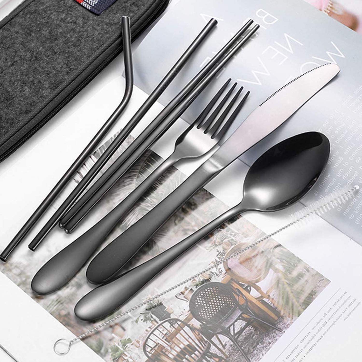 Набор столовых приборов WELLXUNK 8 шт. Набор портативных приборов из нержавеющей стали с футляром чёрный, фото №4