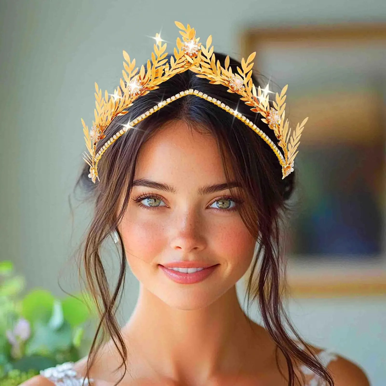 Обруч Листя Золотий Страз Прикраса для волосся Квітка для жінок, фото №2