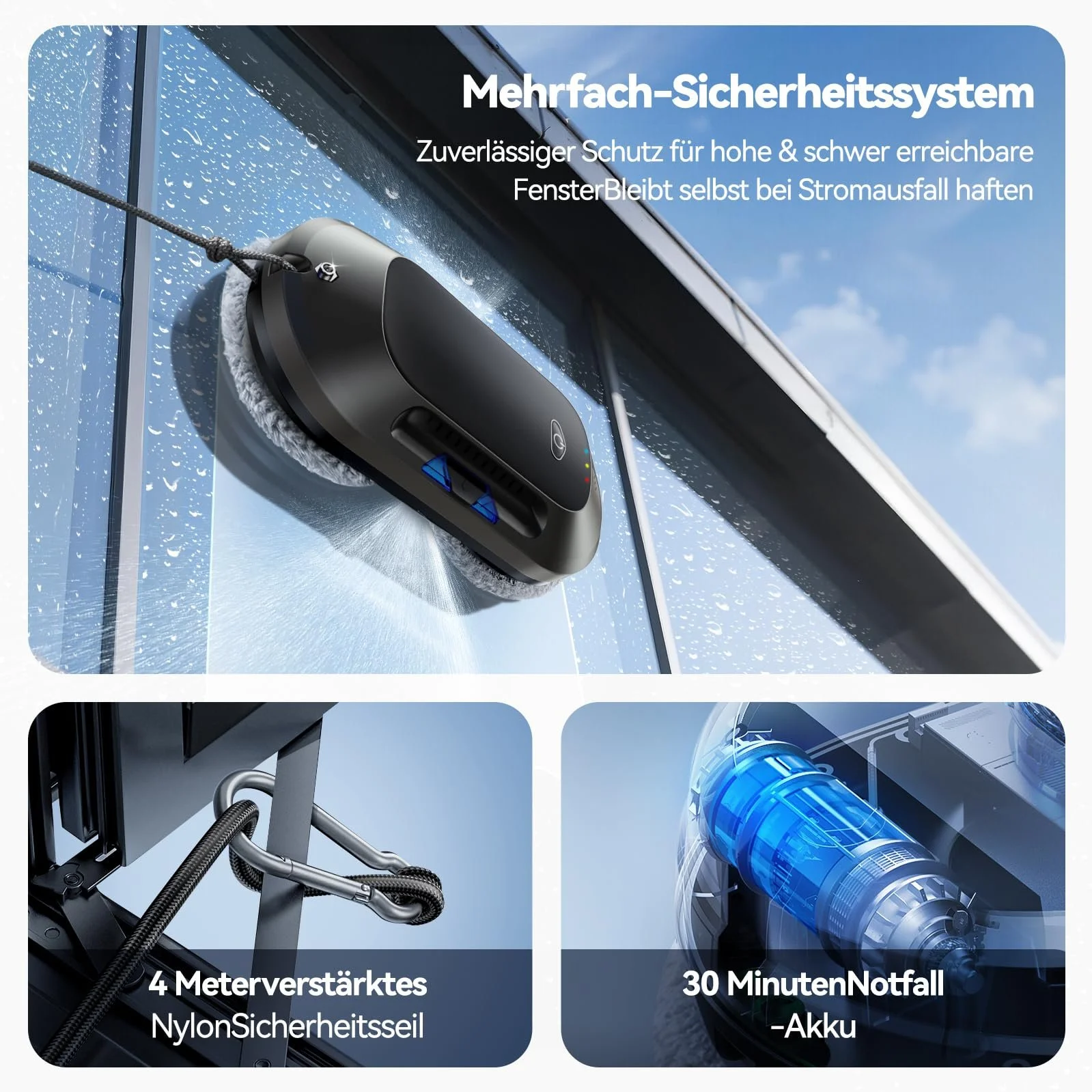 Робот для миття вікон з подвійним розпилювачем 6000Pa Electric Window Robot, дистанційне керування, 3 режими очищення, виявлення країв, інтелектуальна навігація, система безпеки, для гладких поверхонь, фото №7