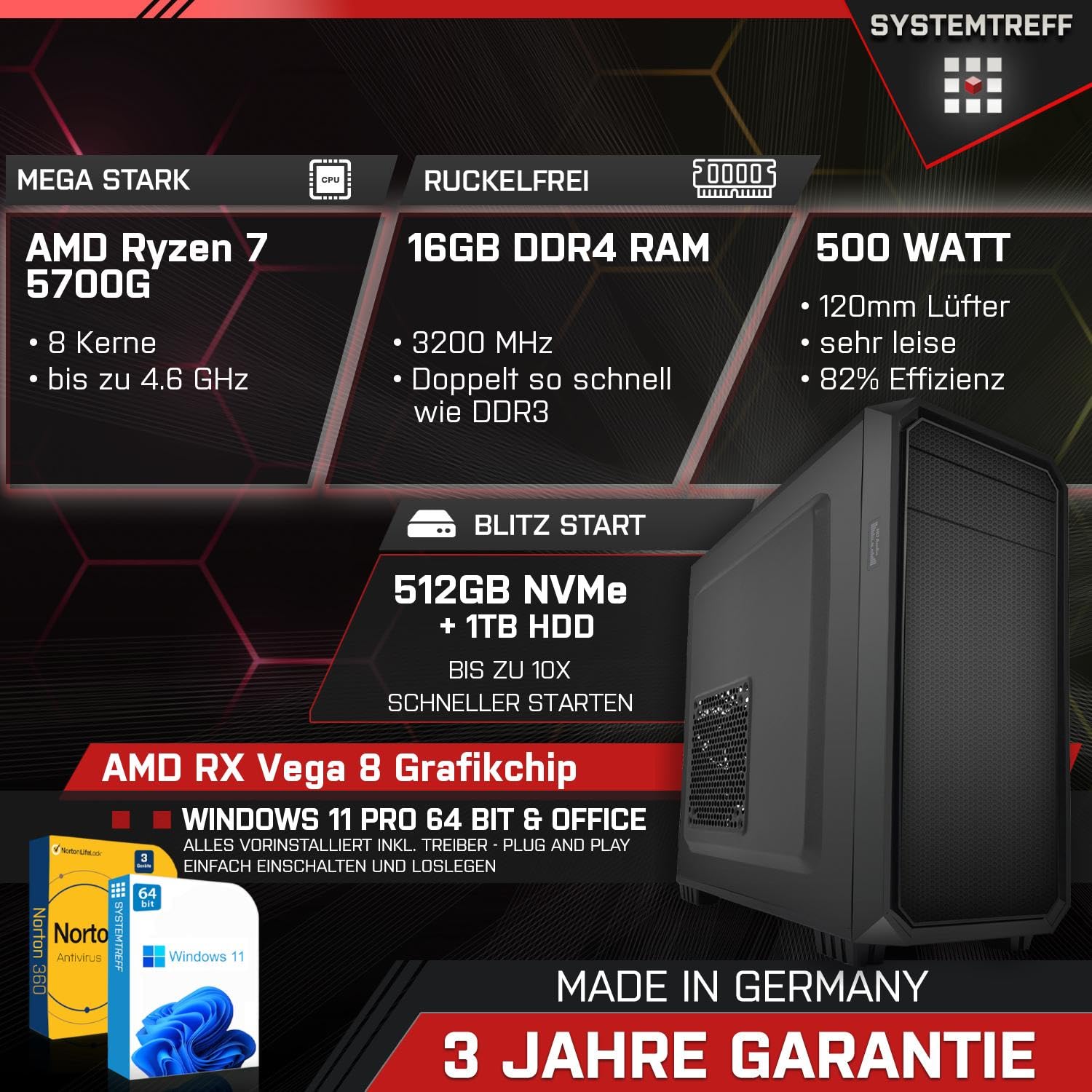 Комплектний ПК SYSTEMTREFF Office AMD Ryzen 7 5700G 8x4.6GHz AMD Radeon RX Vega 8 4K 512GB M.2 NVMe + 1TB HDD 16GB DDR4 RAM Тихий Настільний Пакетний Комп'ютер для Офісу Бізнесу Мультимедіа, фото №2 Комплектний ПК SYSTEMTREFF Office AMD Ryzen 7 5700G 8x4.6GHz AMD Radeon RX Vega 8 4K 512GB M.2 NVMe + 1TB HDD 16GB DDR4 RAM Тихий Настільний Пакетний Комп'ютер для Офісу Бізнесу Мультимедіа, фото №2