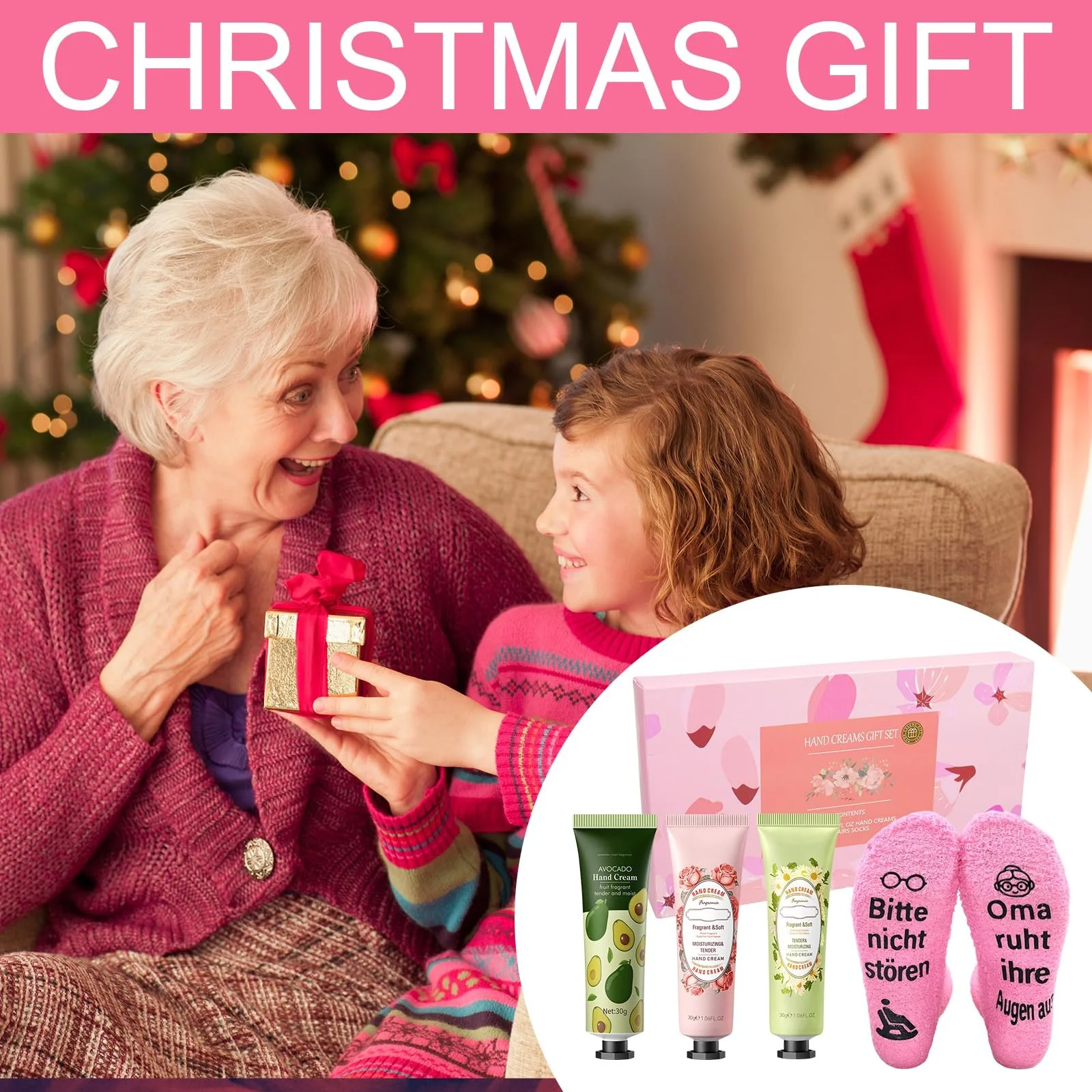 Подарочный набор Носки Рукавички для рук Oma ruht ihre Augen aus Роза, ромашка, авокадо, фото №5