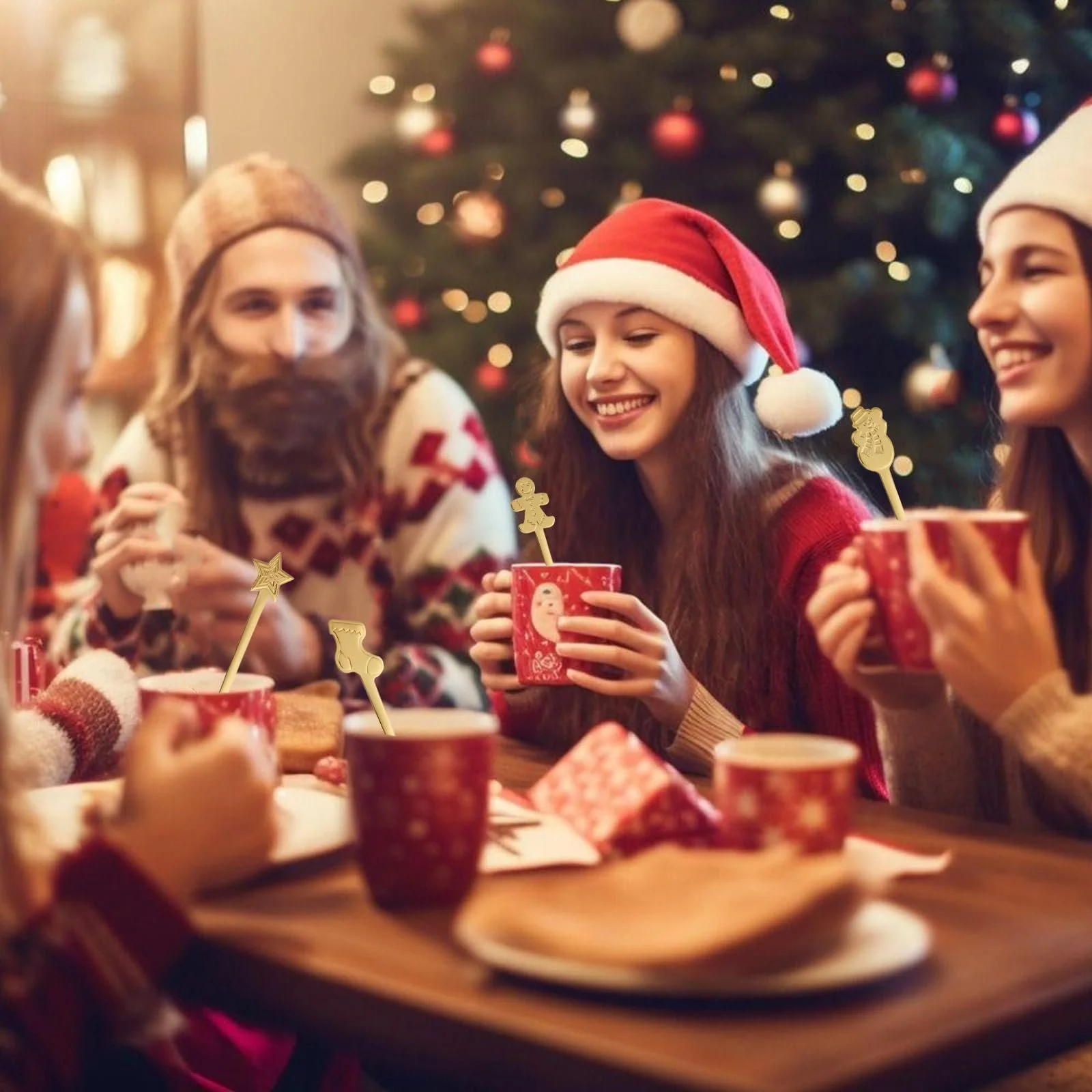 Набор рождественских ложек, 4 штуки, рождественские кофейные ложки, чайная ложка из нержавеющей стали, десертная ложка, ложка для смешивания, набор рождественской посуды с подарочной коробкой для рождественского украшения, вечеринки и кухни, фото №7