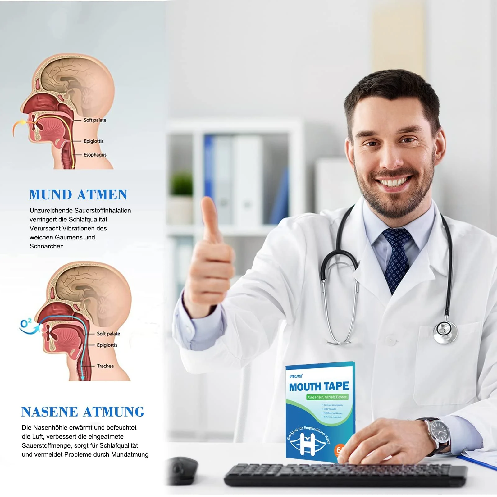 Смужка для рота для сну H-подібна 60 шт., допоміжні засоби від хропіння для чоловіків і жінок, фото №3